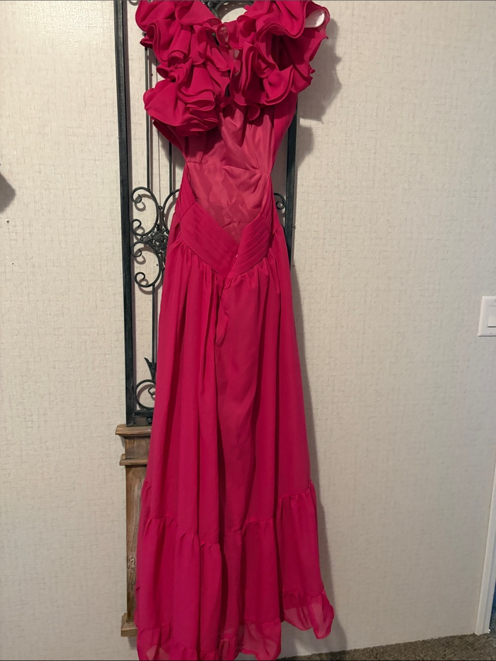 Fuchsia Ruffled Shoulder Prom Gown - Picture 2 of 4